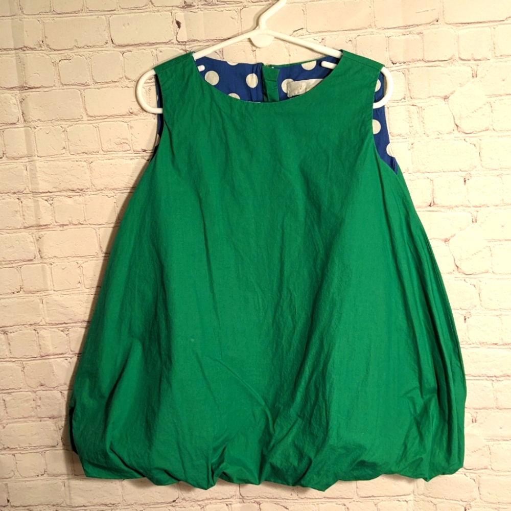SM BEBE Green Solid Balloon Dress Navy White Polka Dot Bow Trim Sleeveless 5